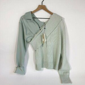 Hellessy Joffe Satin Sleeve Sweater Size Assymettric collar Button Down mint